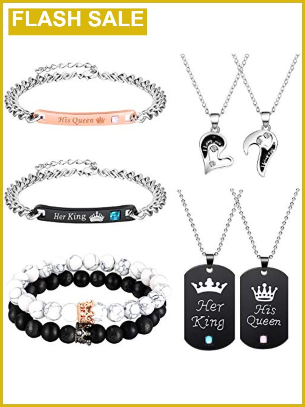 Couples Necklace Bracelet Set 8 Pcs His Queen Her King Matching Jewelry Gift